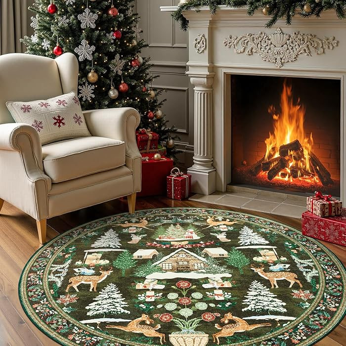 jinchan Round Christmas Rug for Living Room 5ft Green Circle Holiday Rug for Bedroom Printed Chri... | Amazon (US)
