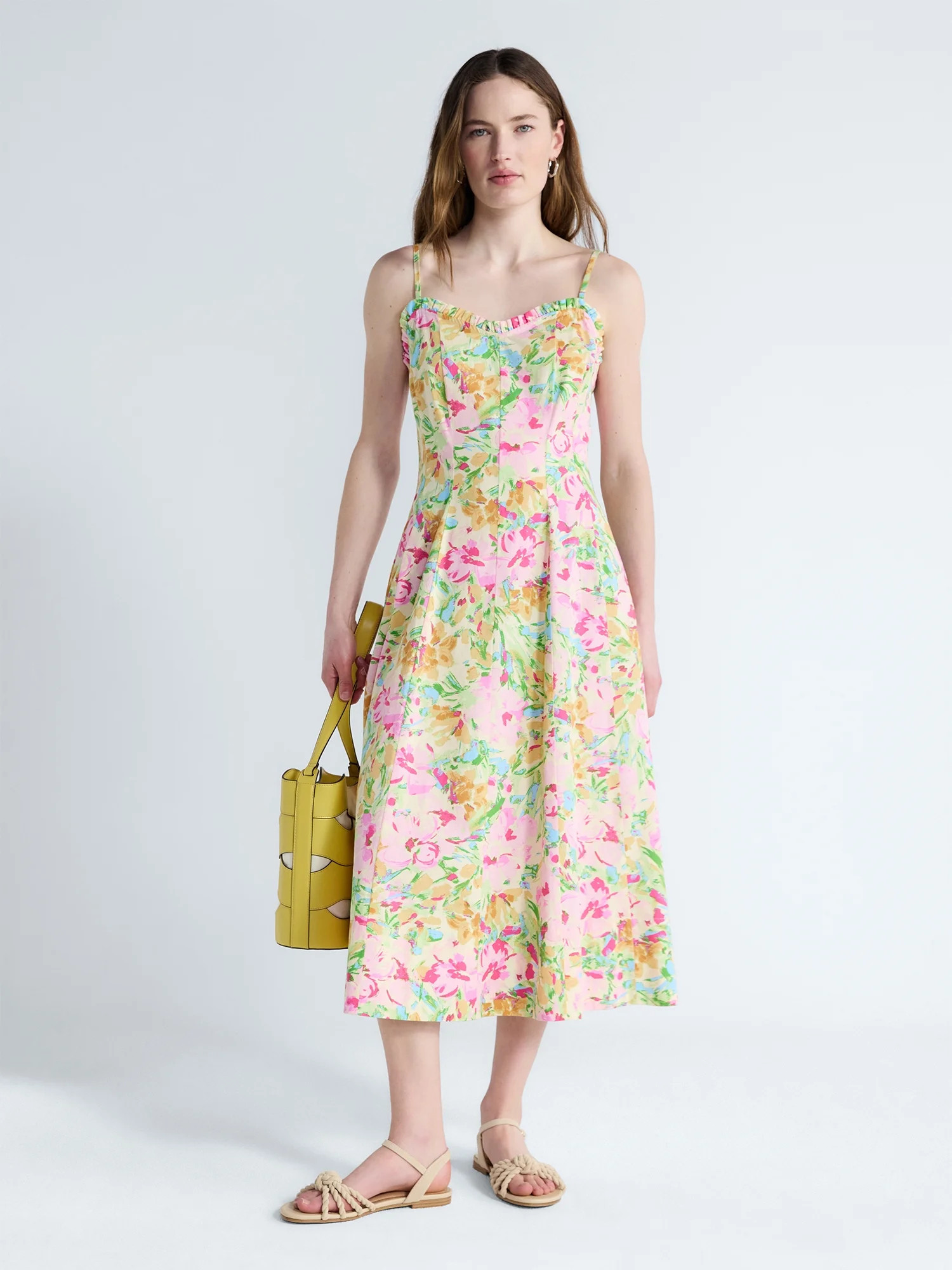 Free Assembly Women's Cotton Panel Midi Dress with Sweetheart Neckline, Sizes XS-XXL | Walmart (US)