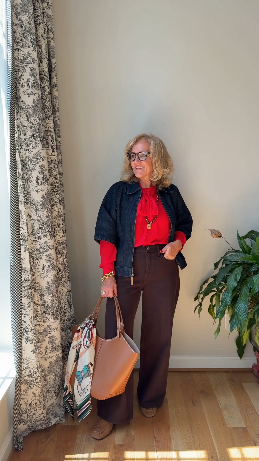 A pop of red. 
Blouse med petite 
Denim jacket medium 
I’ll Link similar brown jeans. These are sold out.
My loafers are very comfortable true to size
￼

#LTKOver40 #LTKootd #LTKSaleAlert