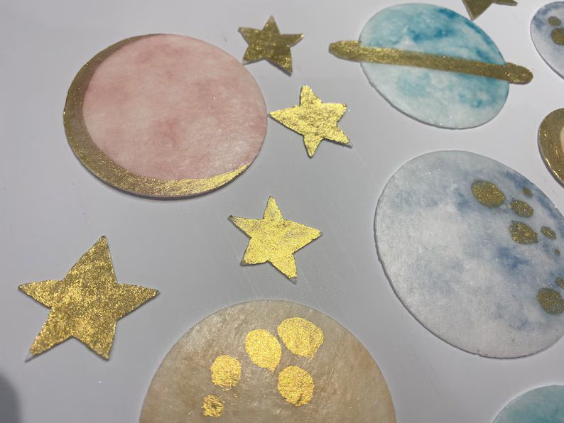 Edible Space Theme Planets and Stars Wafer Topper With Gold Accent Edible Cake / Cupcake Decorati... | Etsy (US)