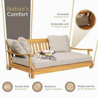 Cambridge Casual Robin Teak Outdoor Porch Swing Daybed With Oyster Cushion | The Home Depot