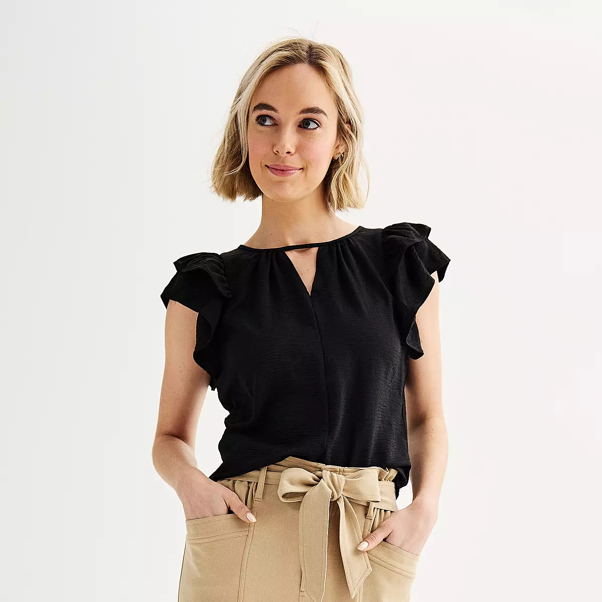 Juniors' SO® Flutter Sleeve Keyhole Top | Kohl's