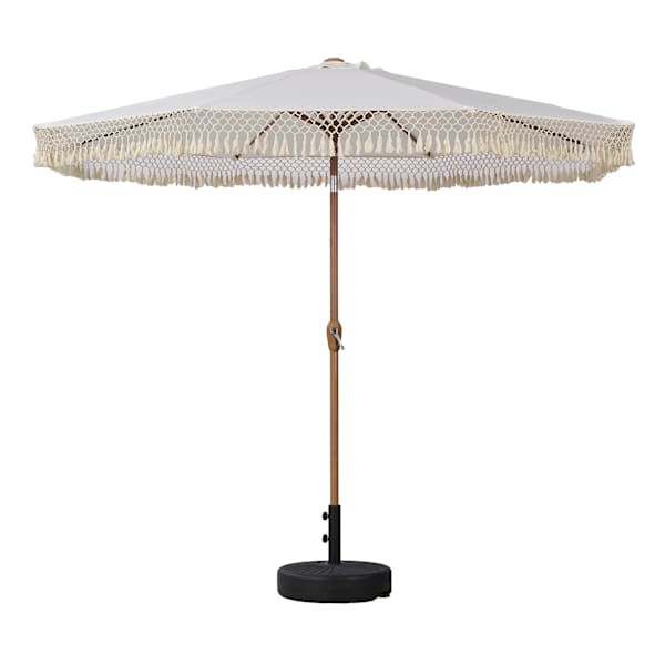 Cream Macrame Fringe Crank & Tilt Round Patio Umbrella, 9' | At Home
