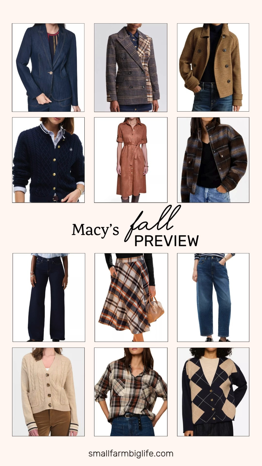 My Macy's fall preview is here and this rich plaid and denim mix is exactly what I want to wear all season.

The camel cognac plaid Lauren Ralph Lauren Collared Coat is such a statement piece, and I love pairing it with the cognac Halston Belted Midi Dress for a polished date night outfit. For the office, the navy denim Tommy Hilfiger Notch Collar Blazer and the navy copper plaid Double Breasted Blazer are both great options for business casual workwear, and I am loving the brown and beige Primrose Plaid Midi Skirt underneath either one.

On the denim side, the darkest blue Levi's 318 Wide Leg Jeans and the medium blue Tommy Hilfiger Quinn Barrel Leg Jeans are both easy everyday staples for autumn outfits. The brown and blue plaid Corduroy Bomber Jacket adds a fun textured layer over either pair.

For sweaters, the dark blue Tommy Hilfiger Heritage Cable Cardigan and the heathered camel Nautica Cable Front Cardigan are both soft, classic layering pieces, and the dark blue and tan Arden Argyle V-Neck Sweater brings such a preppy, seasonal feel. Rounding things out, the brown black and cream Plaid Button Up Shirt is such an easy basic to build any of these looks around.

All of it is linked and perfect for building out your fall wardrobe this season.

#macys #fallfashion #falloutfits #autumnoutfits #businesscasual 

 #LTKootd #LTKOver40 #LTKWorkwear