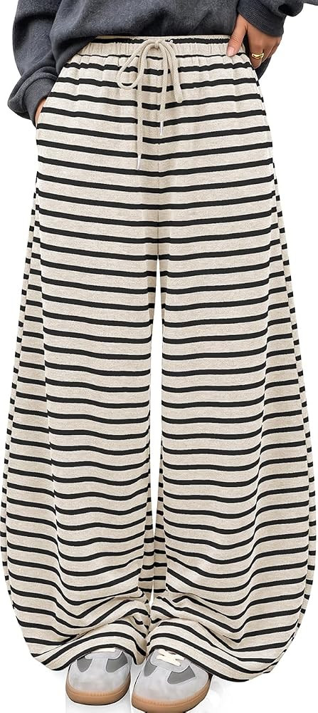 TARSE Women's Striped Barrel Pants Wide Leg Lounge Pants | Amazon (US)