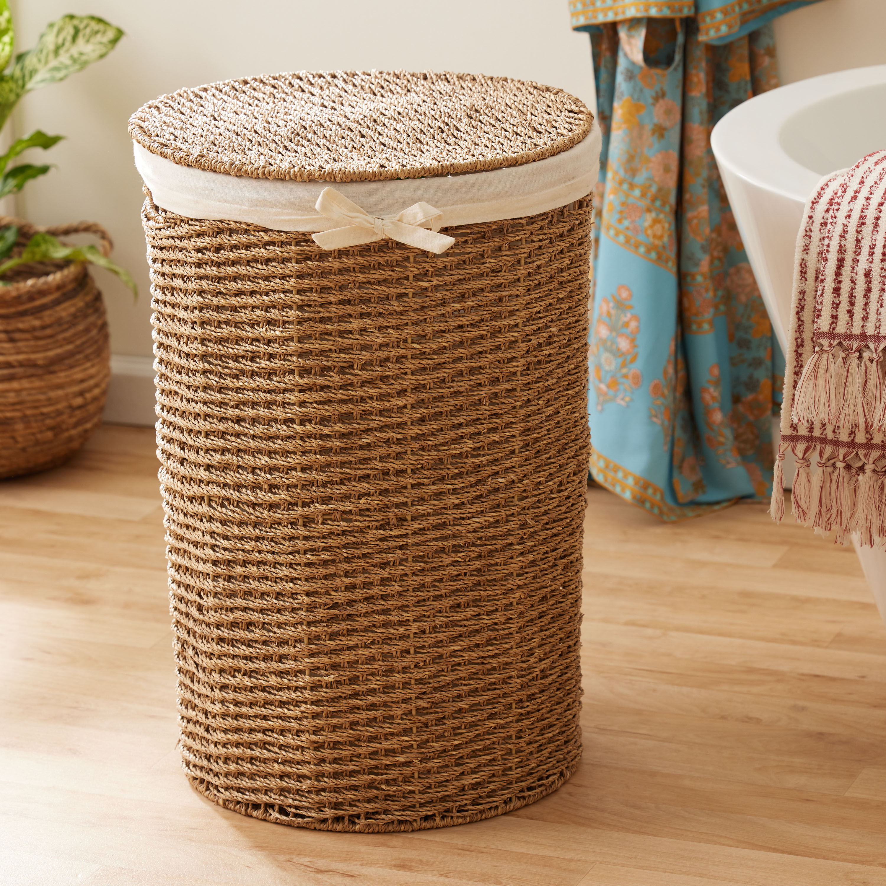 Trista Round Seagrass Hamper With Liner And Lid | World Market