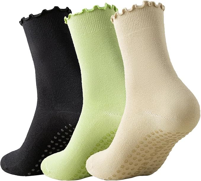 3 Pairs Pilates Socks with Grips Non-slip Ruffle Yoga Socks Grip Socks for Women | Amazon (US)