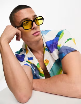 Jack & Jones retro rectangle sunglasses with yellow lenses in black | ASOS (Global)