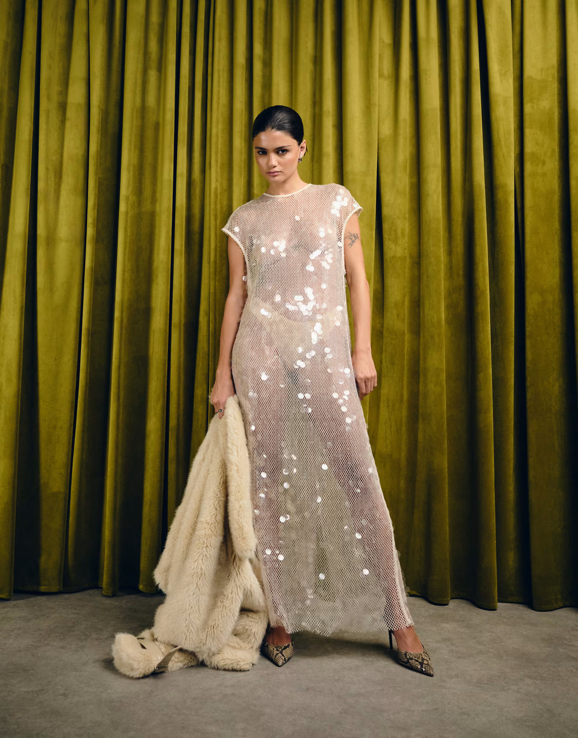 VRG GRL short sleeve sequined mesh midaxi dress in beige | ASOS (Global)