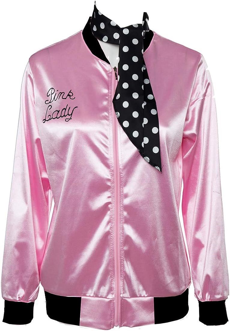 50s Ladys Pink Satin Jacket Halloween Cosplay Costume Pink Jacket with Neck Scarf | Amazon (US)
