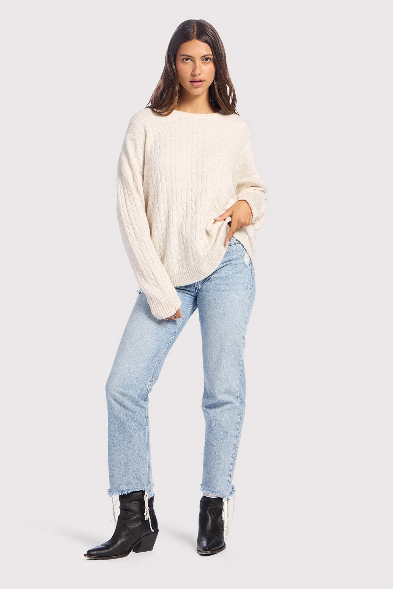 Cozy Knit Cable Crewneck Sweater | Heather Bone | Nuuds US