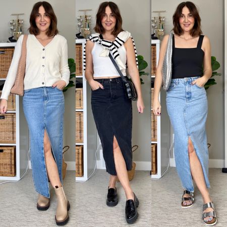 Outfit ideas for a long denim skirt:
1. Short cardi is from Amazon, I sized up to M for more sleeve length, skirt is Dynamite, I’m in my usual size S, boots are Sam Edelman, fit tts, braided bag is also Amazon
2. Cropped tank is Amazon, I sized up to M for more length, striped sweater and bag are also Amazon, platform loafers are available at several retailers. I made the skirt from a pair of old jeans.
3. Skirt is from Mango, I’m wearing my usual S, bodysuit is from Amazon, I got S, sandals are Birkenstock, I’m size 7.5 these are 38 narrow. Bag is from Amazon 
