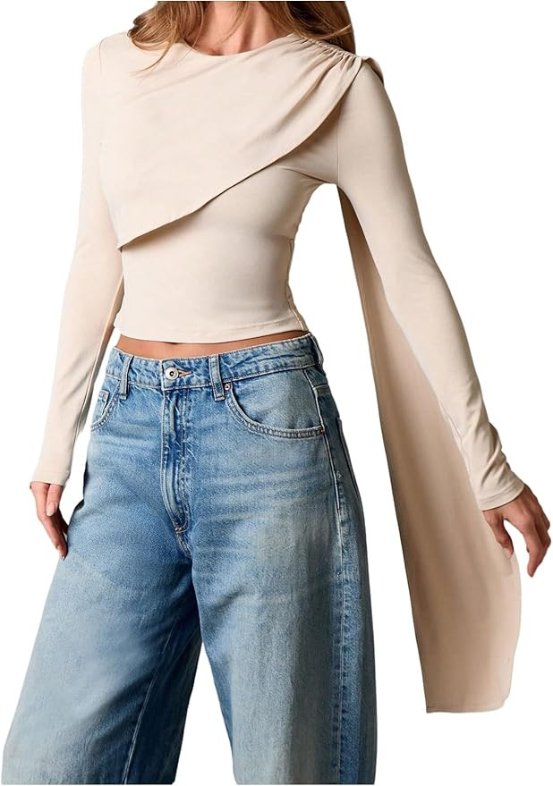 Women's Long Sleeve Poncho Top Y2k Ruched Crew Neck Fitted Tees Fall Going Out Crop Tops | Amazon (US)