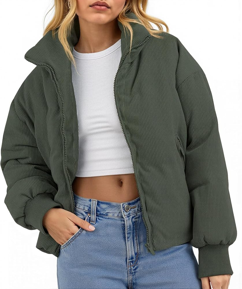 Fisoew Womens Winter Corduroy Puffer Jackets Cropped Puffy Quilted Jackets Coat 2025 | Amazon (US)