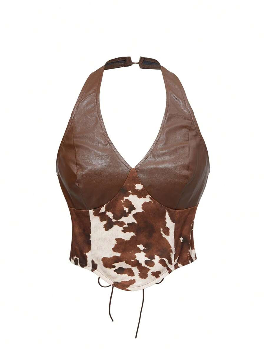 ROMWE Hippie Spring/Summer Plus Size Vintage Western Animal Print Patchwork PU Halter Neck Tank T... | SHEIN