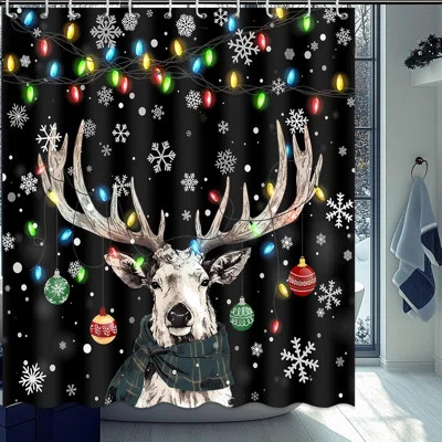 Christmas Shower Curtain Xmas Moose Snowflake Shower Curtain With 12 Hooks Blue Red Colourful Lamp Deer Balls For Christmas Bathroom Decor Waterproof | Wayfair Professional