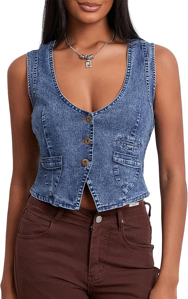 Women's Slim Cropped Denim Vest Vintage Sleeveless V Neck Fashion Jean Tank Tops Front Button Dow... | Amazon (US)