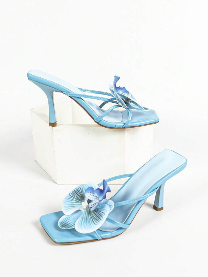 Women's Elegant Square Toe Peep Toe High Heel White Sandals Women's Pink 3D Floral Decor Slim High Heel Sandals Suitable For Outdoor Travel, Party Wear | SHEIN