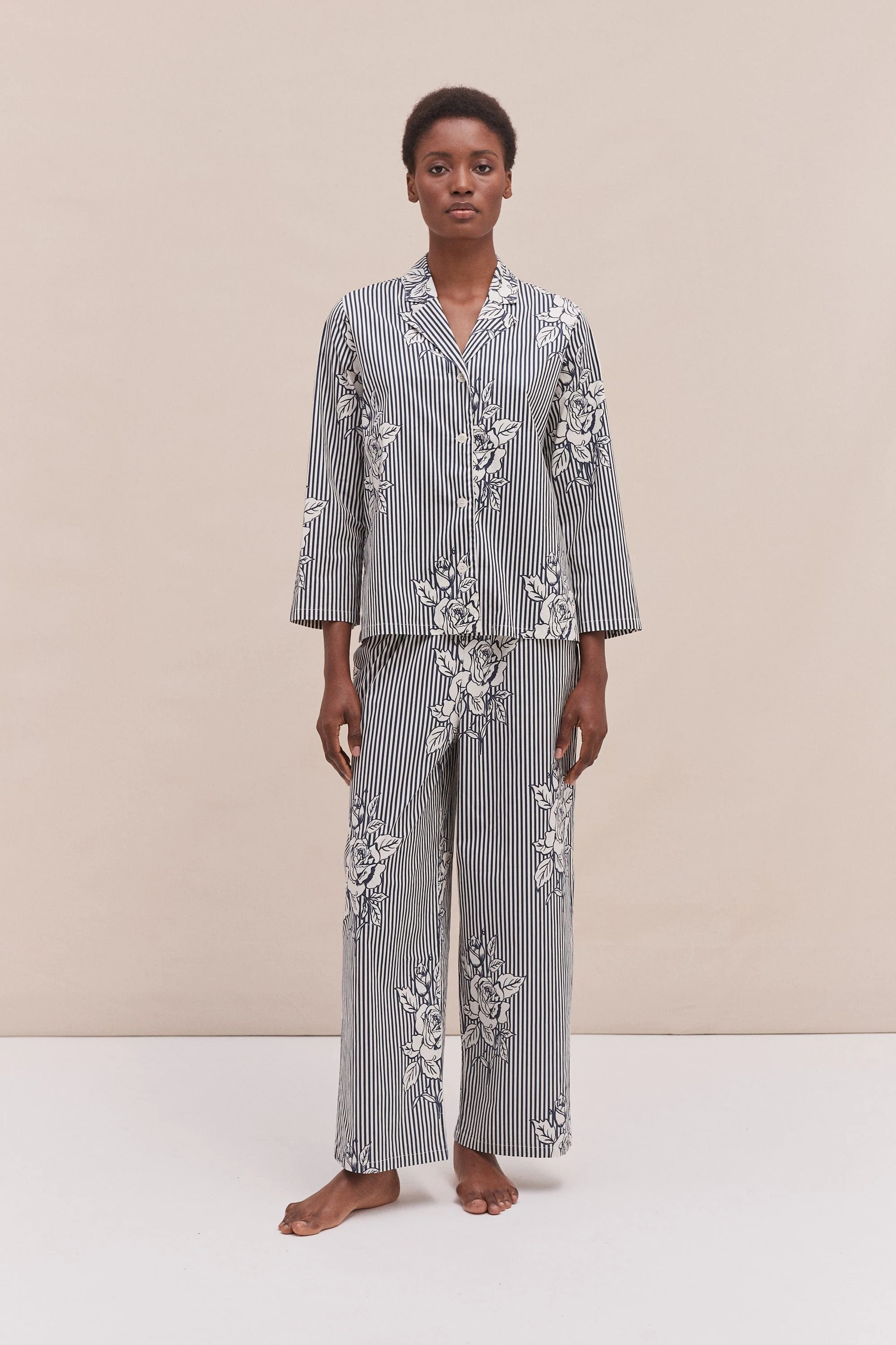 402 Long Pyjama Set Pinstripe Rose/Navy | Desmond & Dempsey