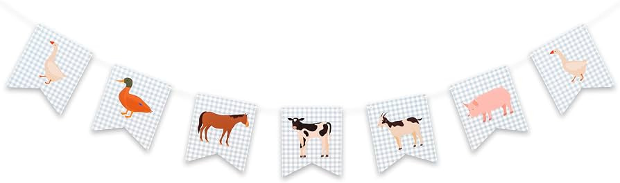 Gostman Farm Animals Banner - Blue Gingham Pattern Bunting with Goose,Duck,Horse,Cow,Sheep and Pi... | Amazon (US)
