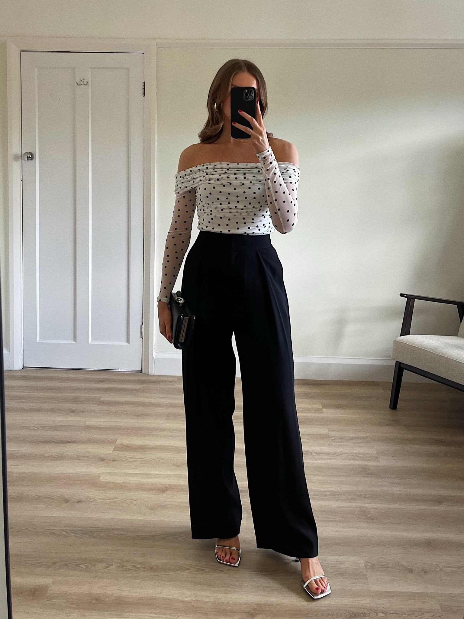 River Island occasion-wear styling 

Wearing a size 8 in the White Ruched Spot Bardot Top 
True to size

Bra I’m wearing underneath linked 

A size 8 in the Black Pleated Wide Leg Trousers
True to size
I’m 5ft 6
 
Topshop silver heels


Silver earrings






Wedding guest outfit
The races outfit 
Evening outfit
Black tie outfit


#LTKstyletip #LTKSeasonal #LTKeurope