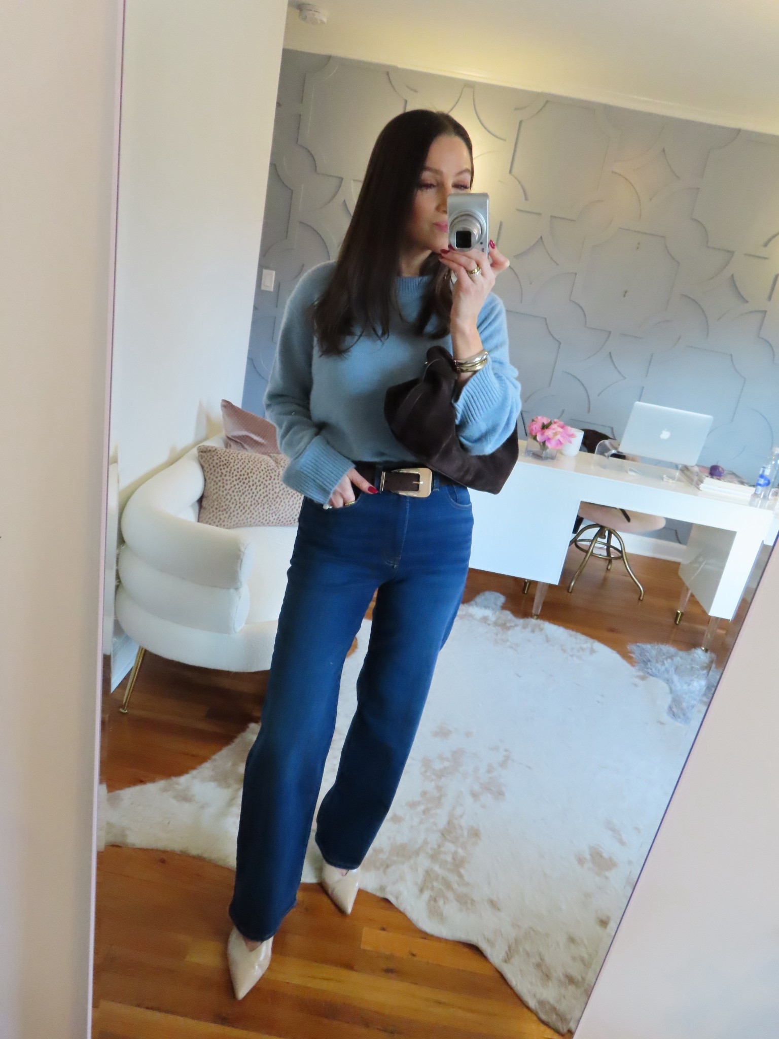 True to size in sweater and jeans!