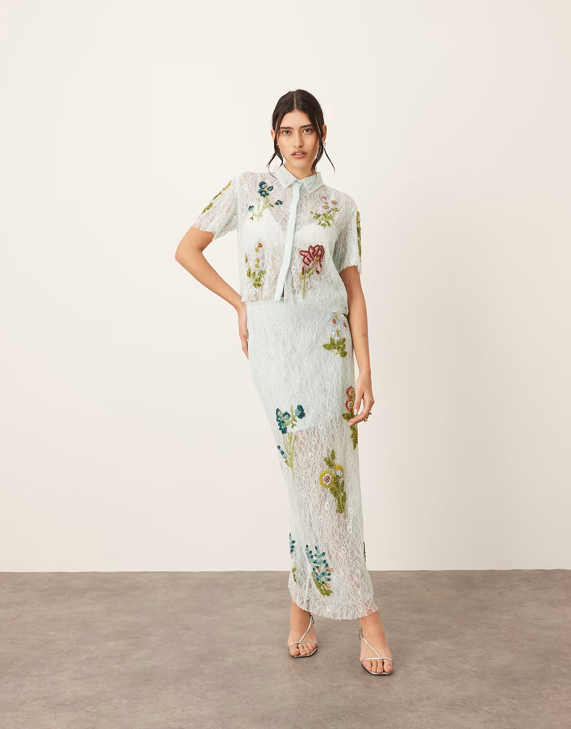 ARRANGE botanical floral embellished lace crop shirt and midi skirt in light blue | ASOS (Global)