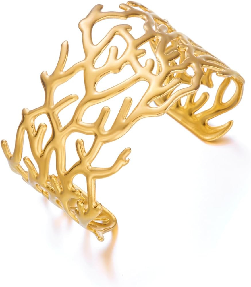 Wide Chunky Gold Cuff Bracelets for Women - Open Cuff Bangles Adjustable Wrist Bracelets, Stateme... | Amazon (US)