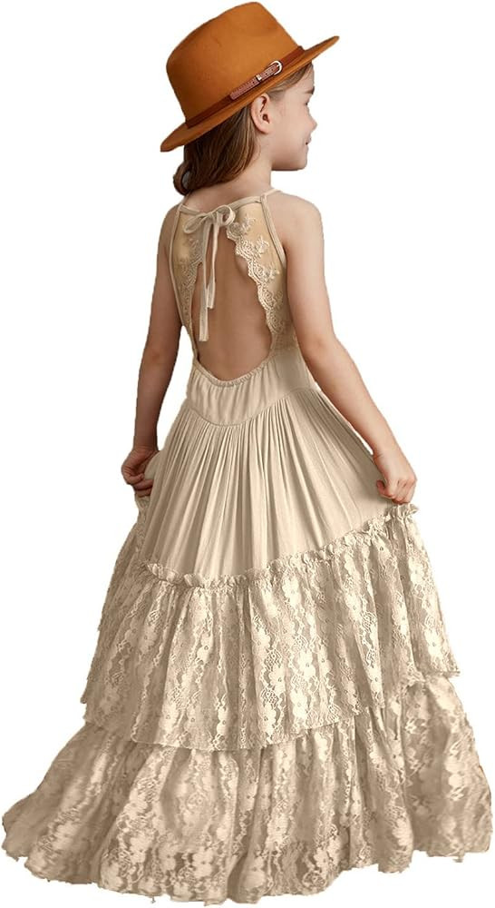 Girls Kids Lace Back Full-Length Backless Tulle Party Holiday Flower Girl Dress Size 4-14 | Amazon (US)