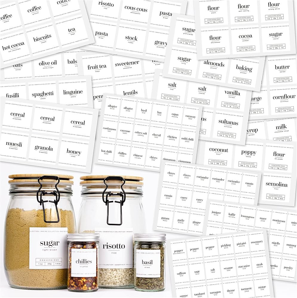 288 x Kitchen Labels for Jars - Contemporary Mixed Size Printed White Sticky Labels for Kitchen a... | Amazon (UK)
