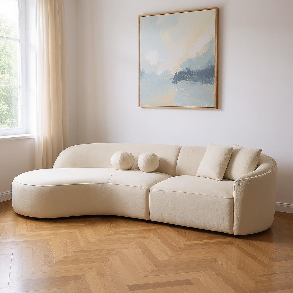 Boucle Modular Curved Two Piece Sofa and Chaise Sectional with Toss Pillows In Ivory | 1stopbedrooms