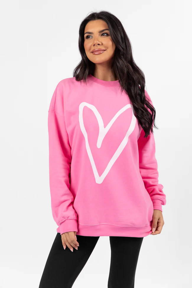 Heart Sketch Pink Oversized Graphic Sweatshirt | Pink Lily