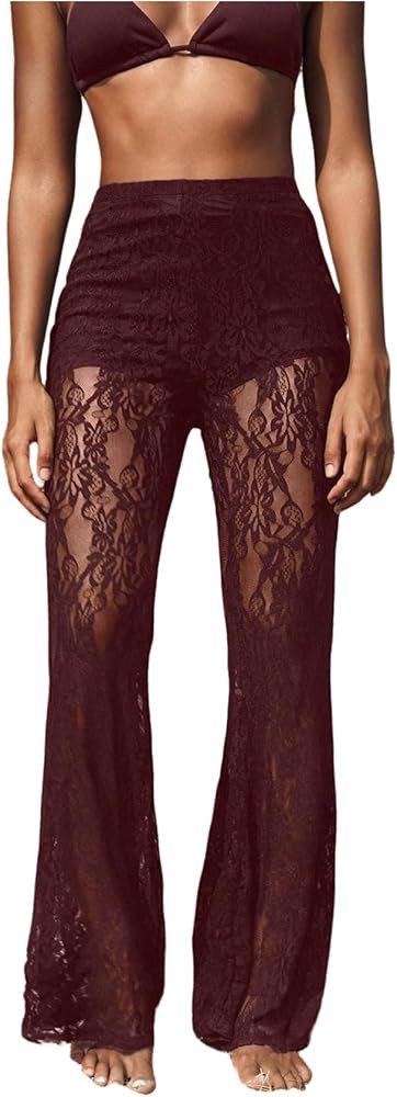 Women's Floral Lace Sheer Mesh Flare Pants Elastic High Waisted Long Trousers | Amazon (US)