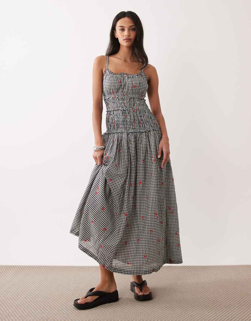 Abercrombie & Fitch smocked drop waist maxi dress in black gingham | ASOS (Global)