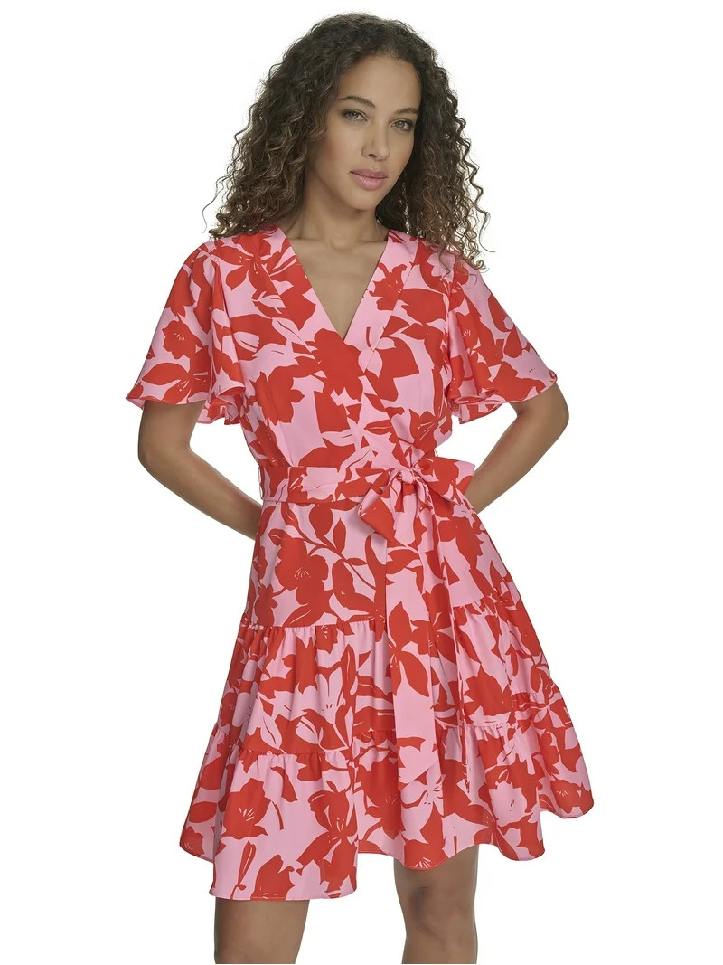 Falling Flowers Women's Floral V-Neck Flutter Sleeve Fit & Flare Dress, Sizes XS-XL | Walmart (US)