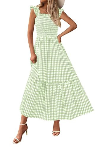 PRETTYGARDEN Women's Summer Dress Casual Square Neck Ruffle Strap Gingham Smocked Midi Flowy A Line Beach Vacation Sun Dresses 2026 (Green, M) | Amazon (US)