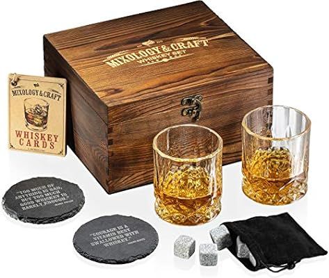 Whiskey Stones Gift Set for Men | Whiskey Glass and Stones Set with Wooden Box, 8 Granite Whiskey... | Amazon (US)