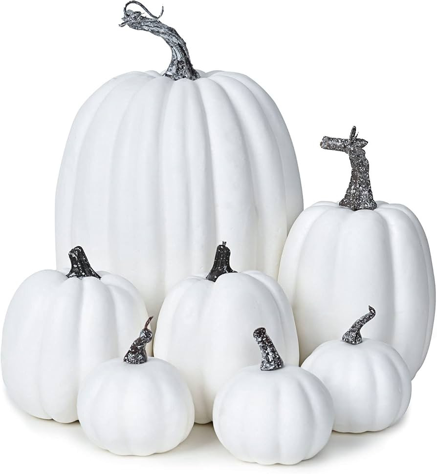 Lvydec Artificial Pumpkins Set Harvest Decoration, 7pc Assorted Size White Pumpkins Craft Pumpkin... | Amazon (US)