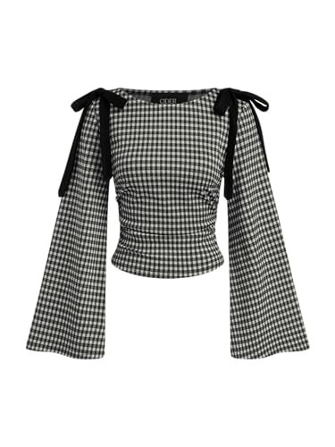CIDER Tops Gingham Bowknot Ruched Long Sleeve Boat Neck Slim Fit Top Black | Amazon (US)
