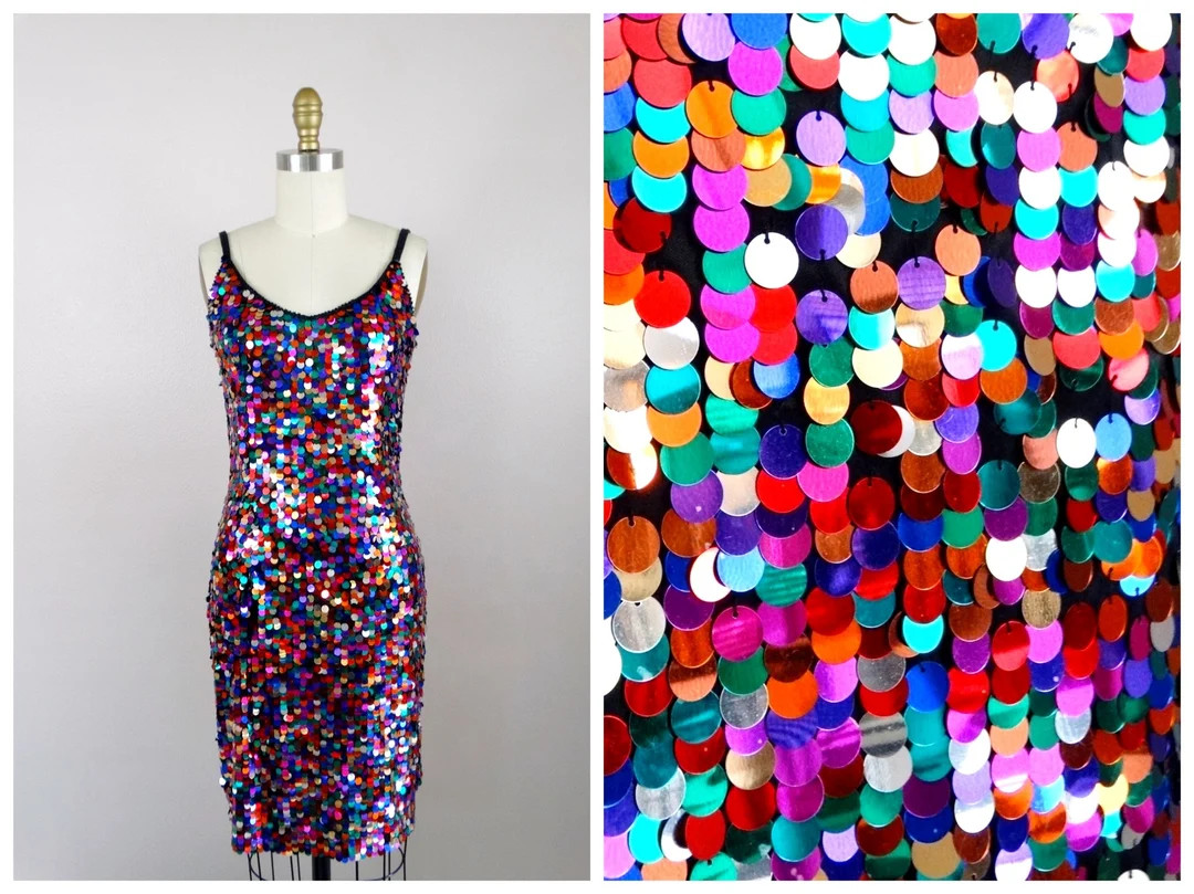 S/M Confetti Sequined Dress // Rainbow Paillette Sequin Embellished Party Dress Small Medium - Et... | Etsy (US)