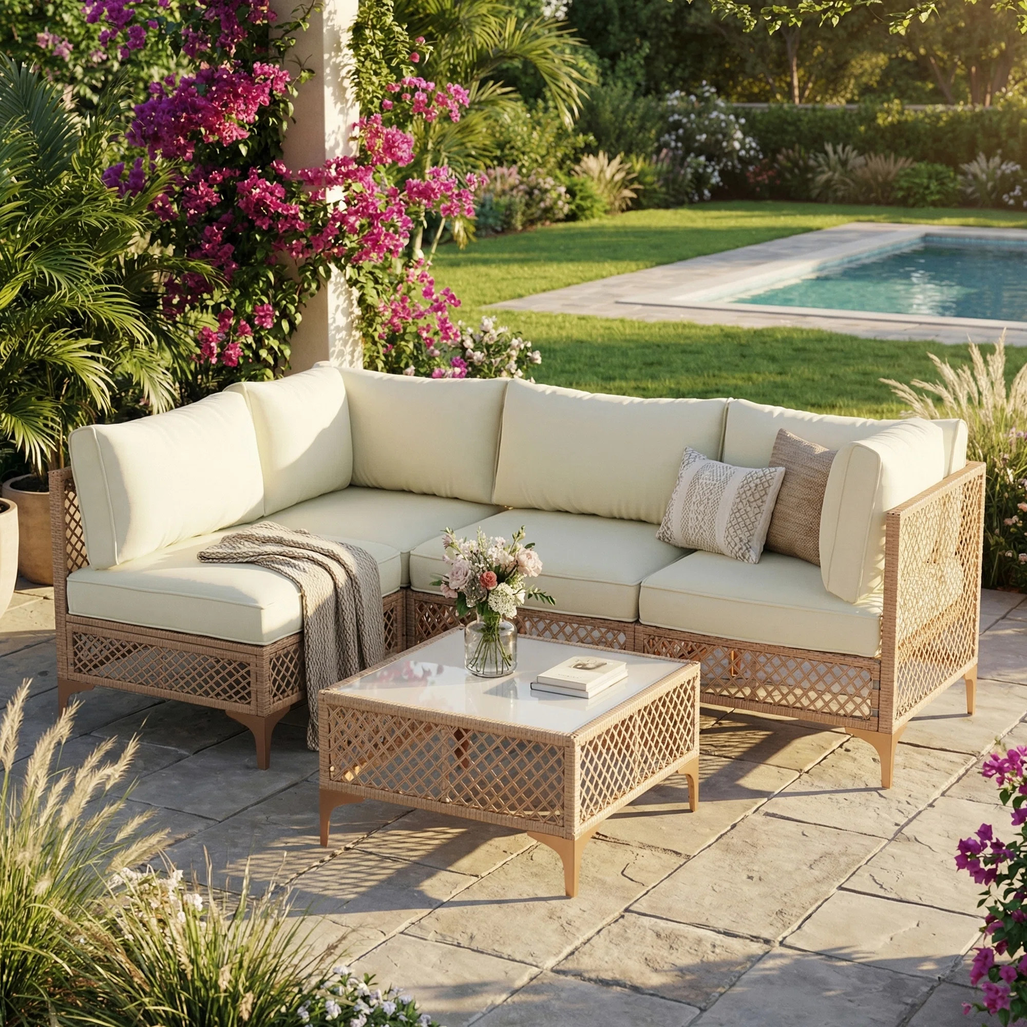 Ebern Designs 4 - Person Premium Patio Wicker Sectional Seating Group With Cushions | Wayfair | Wayfair North America