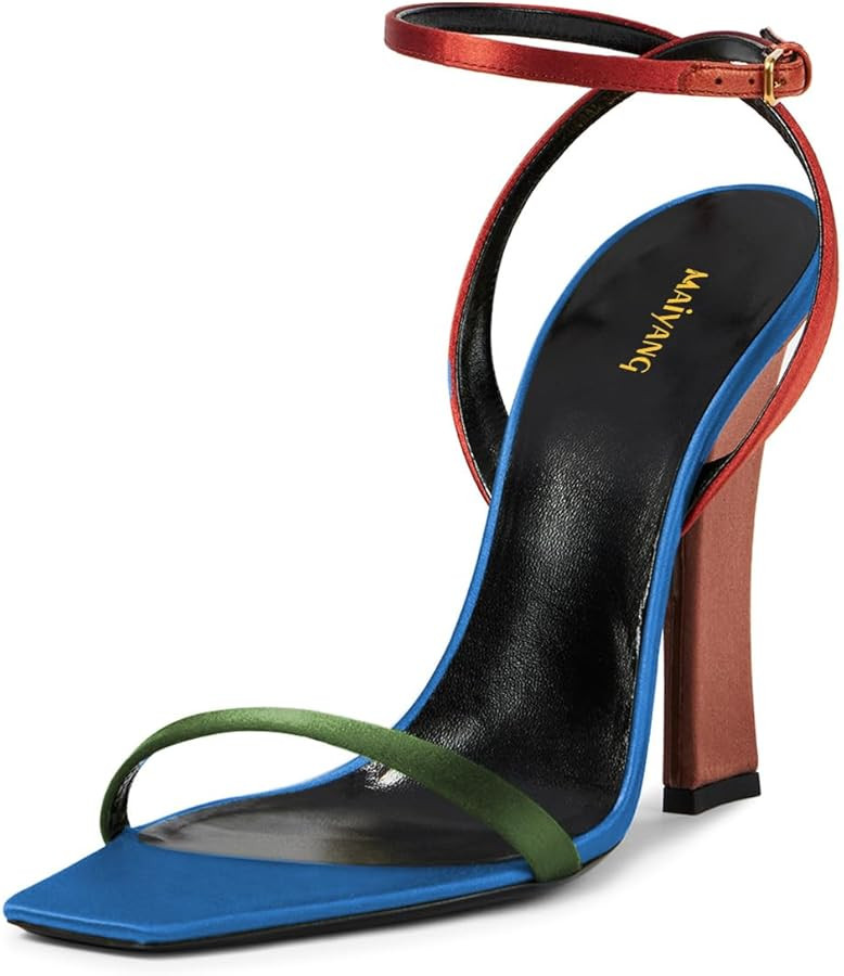 Maiyang Women Stylish Single Strap Open Square Toe Sandals Chunky High Heel Crossed Ankle Strap P... | Amazon (US)