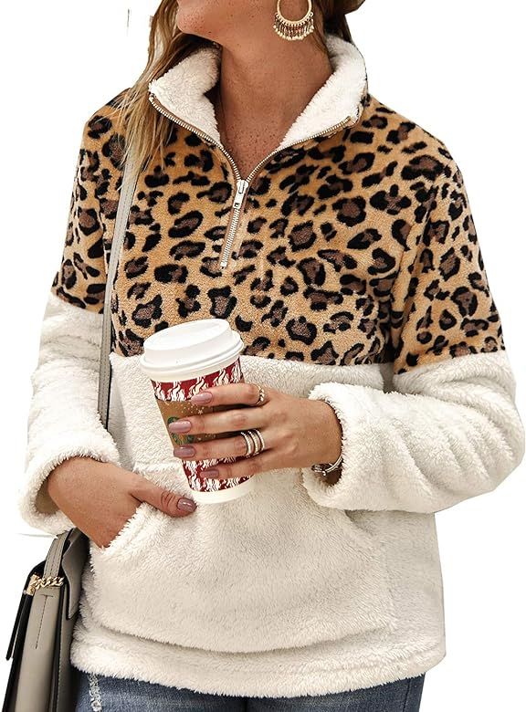 Women’s Leopard Print Long Sleeve Pullover Color-Block Lapel Zipper Sherpa Fleece Sweatshirt wi... | Amazon (US)