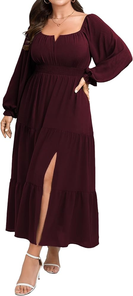 SCOMCHIC Womens Plus Size Formal Dress Fall Long Sleeve Square Neck Flowy A Line Tiered Side Spli... | Amazon (US)