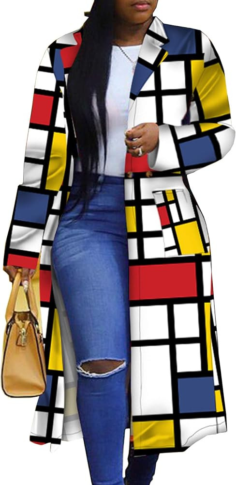 Women's Colored Geo Turn Down Collar Trench Coat Colorful Outerwear Cardigan Long Blazer Jacket | Amazon (US)