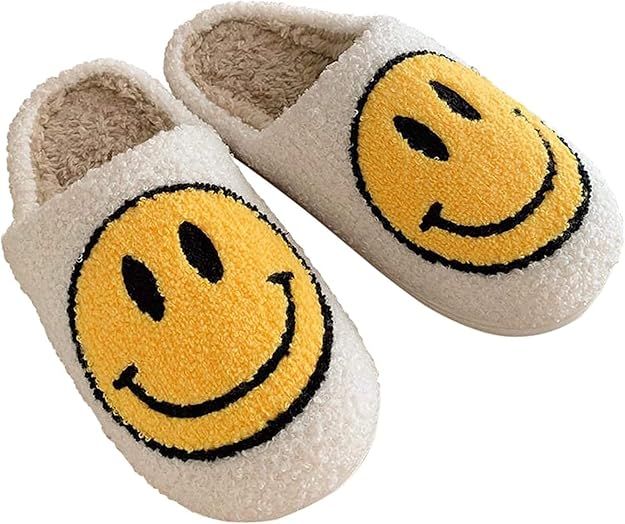 Retro smiley face soft plush comfy warm slip-on slippers | Amazon (US)