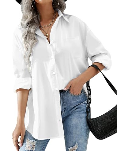 HOTOUCH Womens Button Down Casual Loose Fit Cotton Work Linen Blouse Shirt with Pocket White, Large, Long Sleeve | Amazon (US)