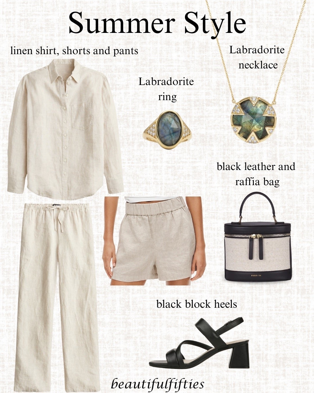 Linen short, pants and shirt; handbag, black block heels, new jewelry semi precious stone

#LTKmomlife #LTKPlusSize #LTKMidsize