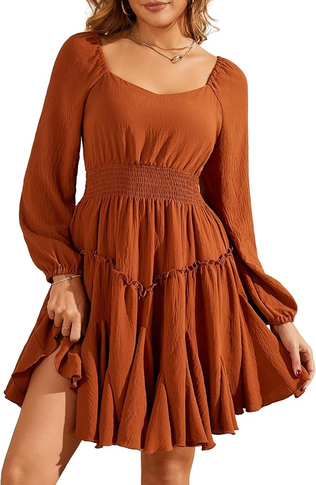 Beluring Kleider Damen Langarm Eckiger Ausschnitt Partykleid Hohe Taille Minikleid Swing Freizeit... | Amazon (DE)