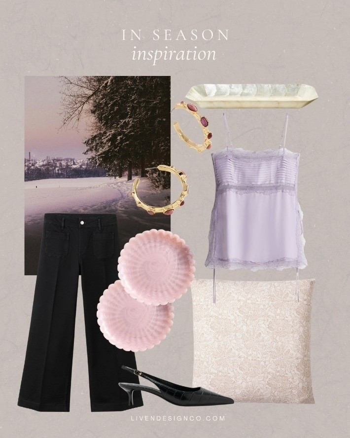 Style inspiration. Lace camisole. Lavender. Glass plates. Scalloped dessert plates. Black denim. Wide leg. Capiz tray. Target decor. Earrings. Slingback heels. Floral pillow

#LTKSeasonal #LTKHome #LTKSaleAlert